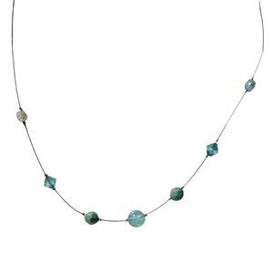Minimalist Beaded Silver Wire Necklace Green Blue Glass Beads Fashion Jewelry